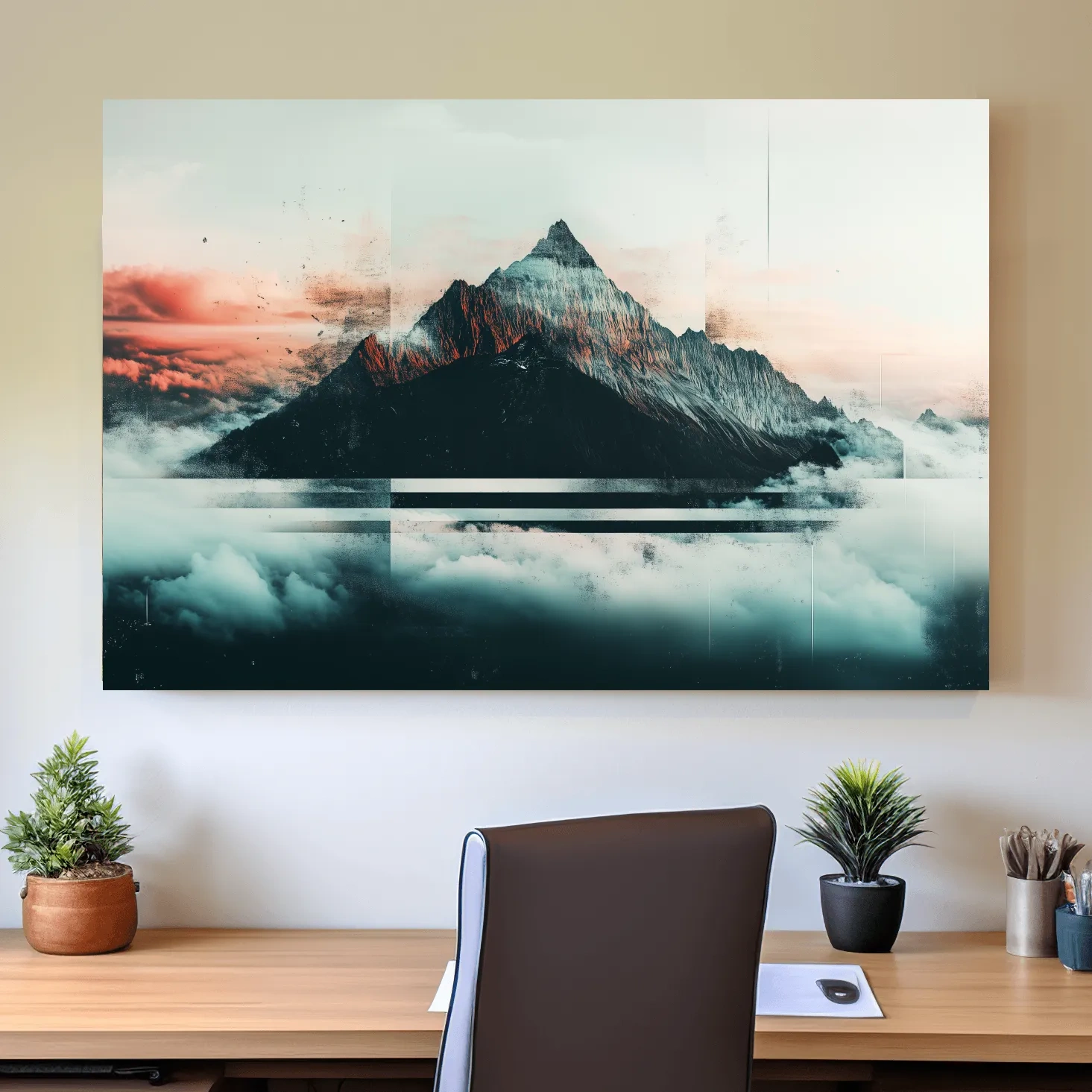 Mountain peak in the clouds at sunset, glitch style artwork