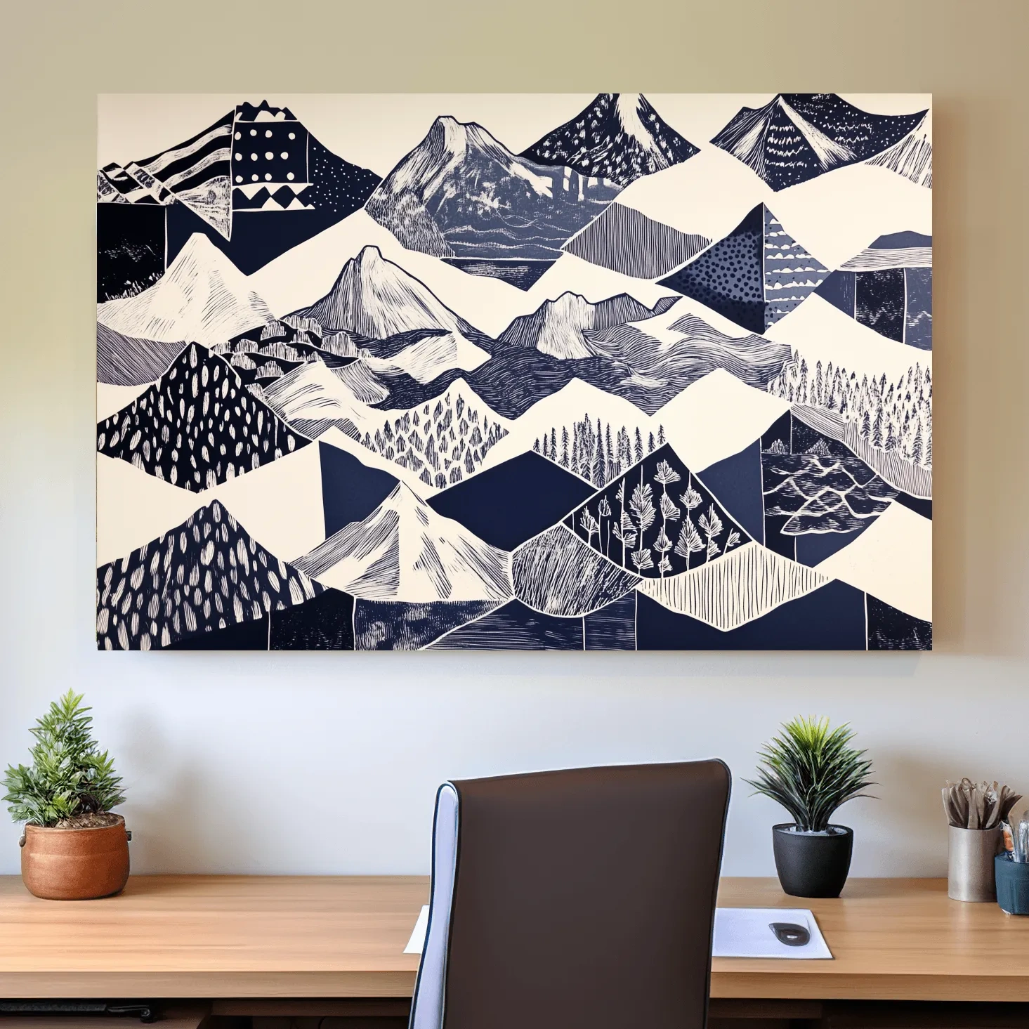 Linocut Patchwork Mountain Range Illustration - Modern Landscape Artwork
