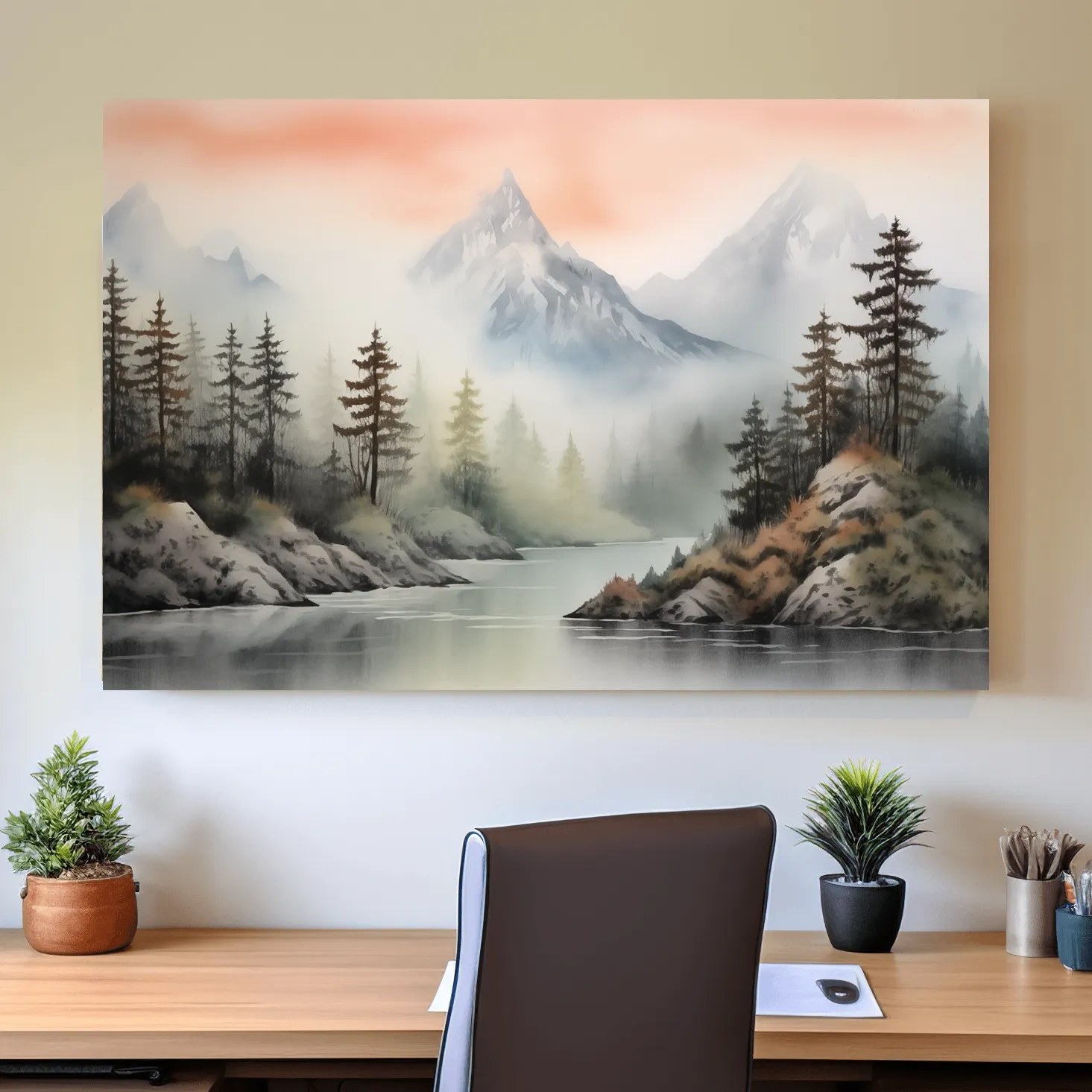 Misty Watercolor Mountain Lake Landscape - Serene Pine Forest Wall Art