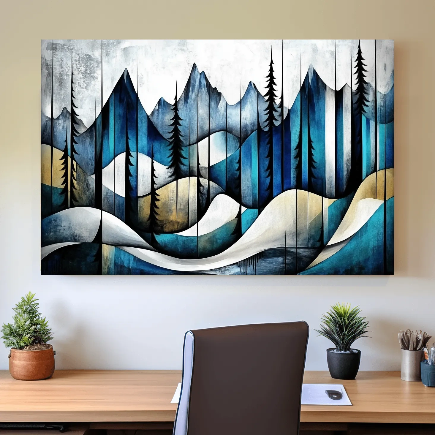 Abstract mountain painting, trees in the alpine, textured effect
