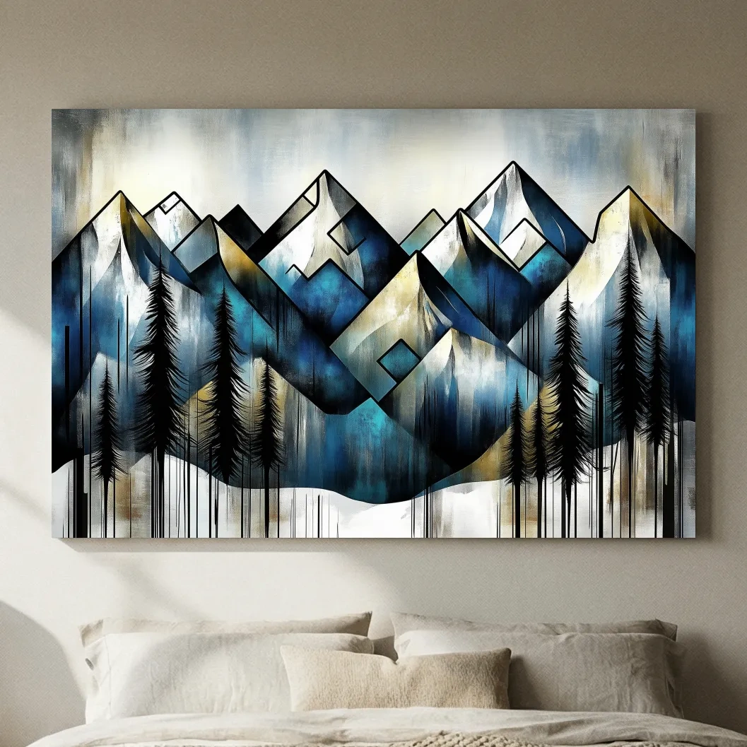 Geometric Mountain Peaks With Pine Trees - Modern Abstract Landscape Artwork