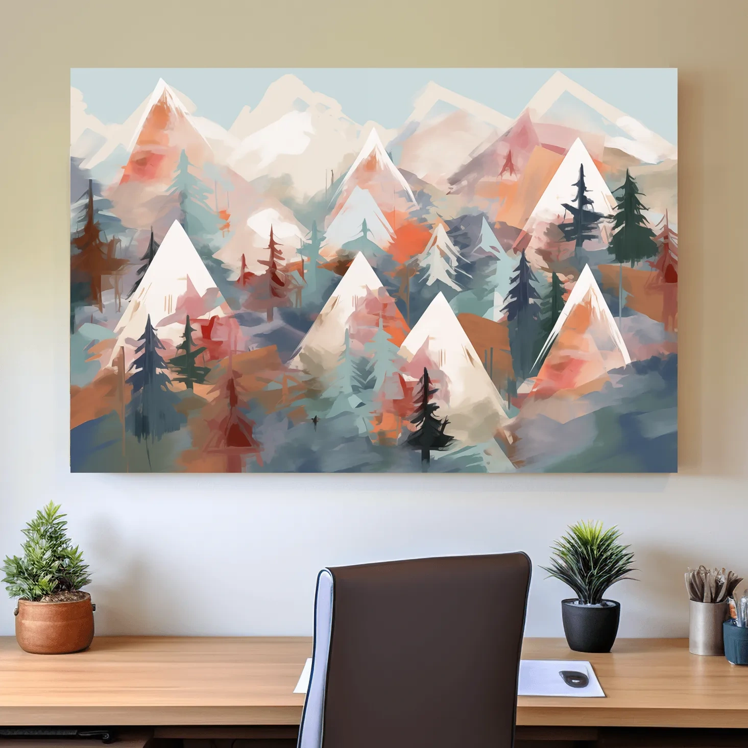 Abstract Alpine Peaks And Pine Forest - Pastel Watercolor Mountain Landscape Wall Art