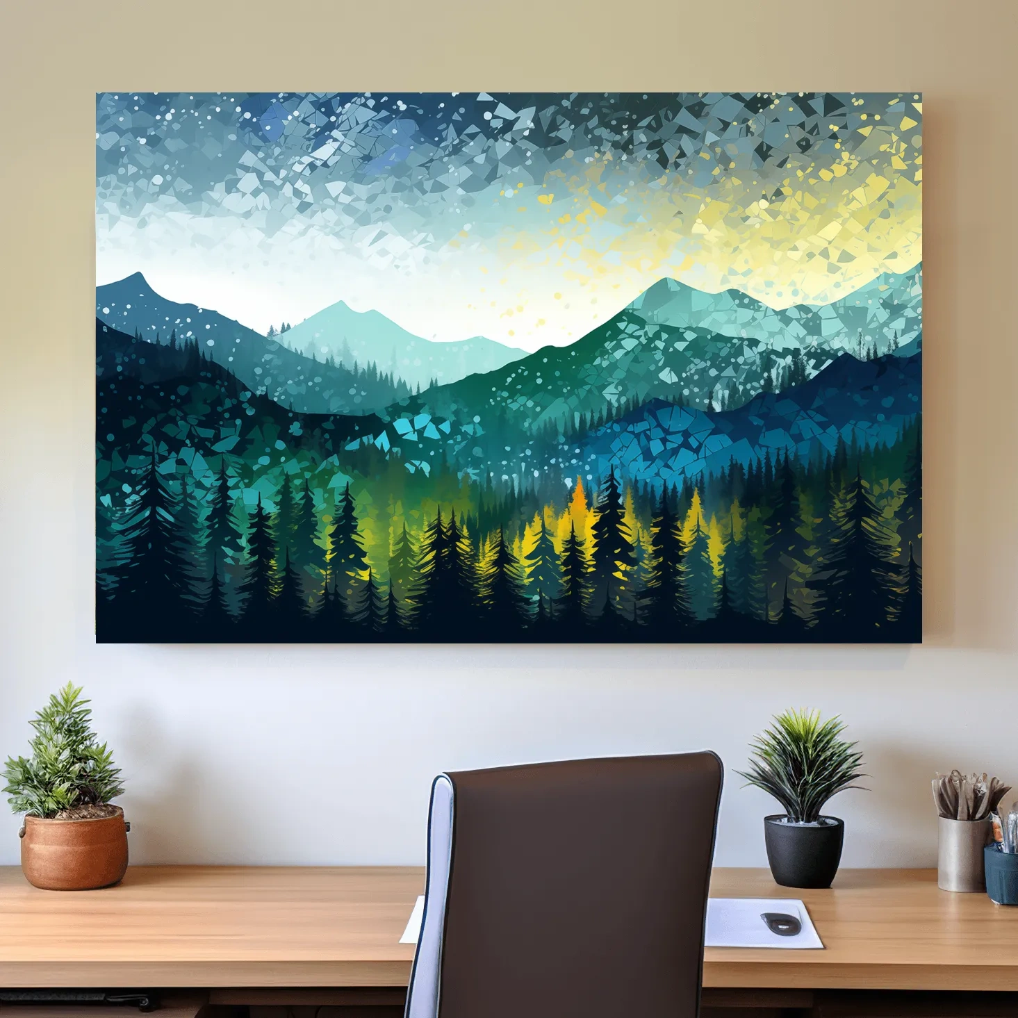 Vibrant forest and mountain art, abstract pointillism
