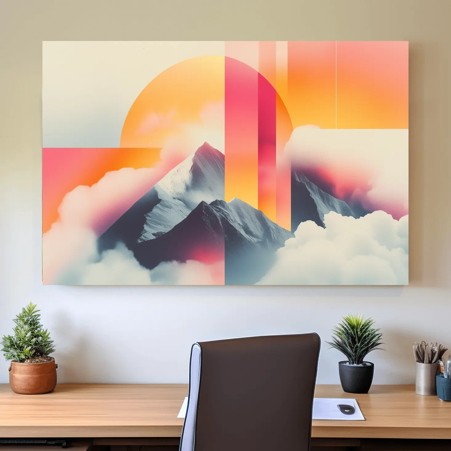 Retro style mountain wall art, sunset in the clouds