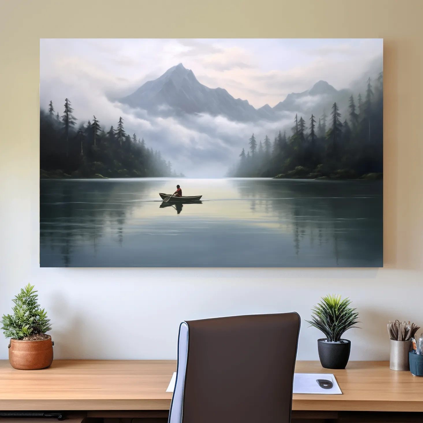 Painting of a person in a canoe on an alpine lake