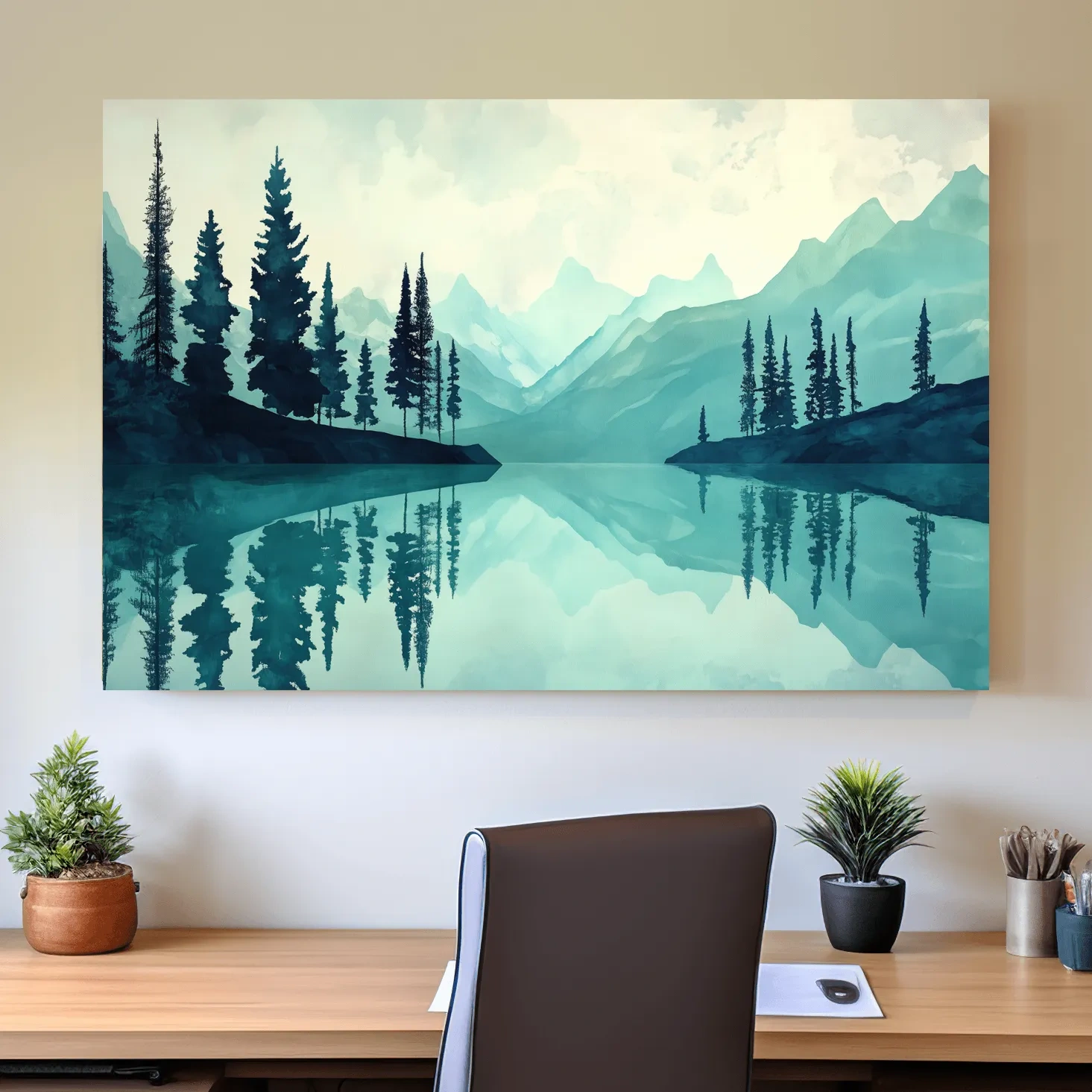 Treelined Alpine Lake Reflection - Watercolor Forest Wall Art