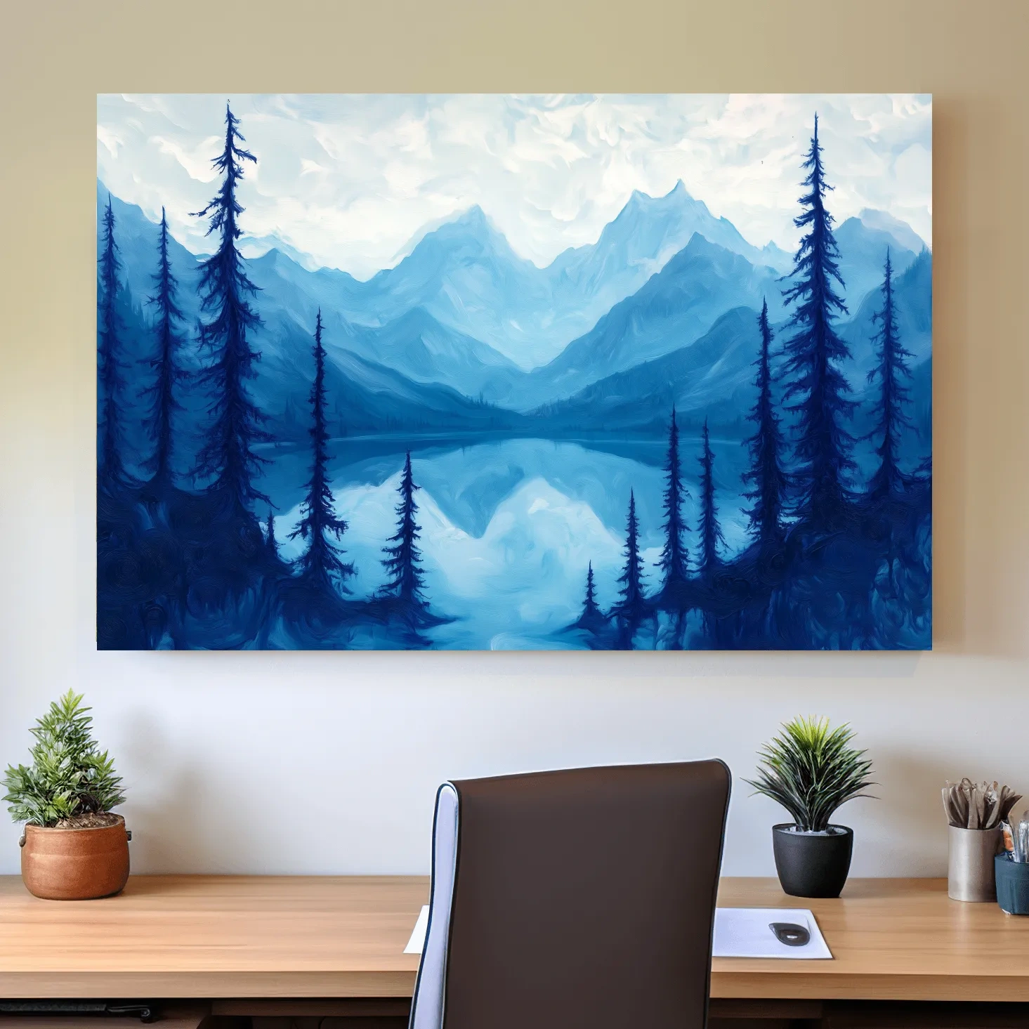 Serene Blue Mountain Lake Oil Painting - Alpine Forest Landscape Artwork
