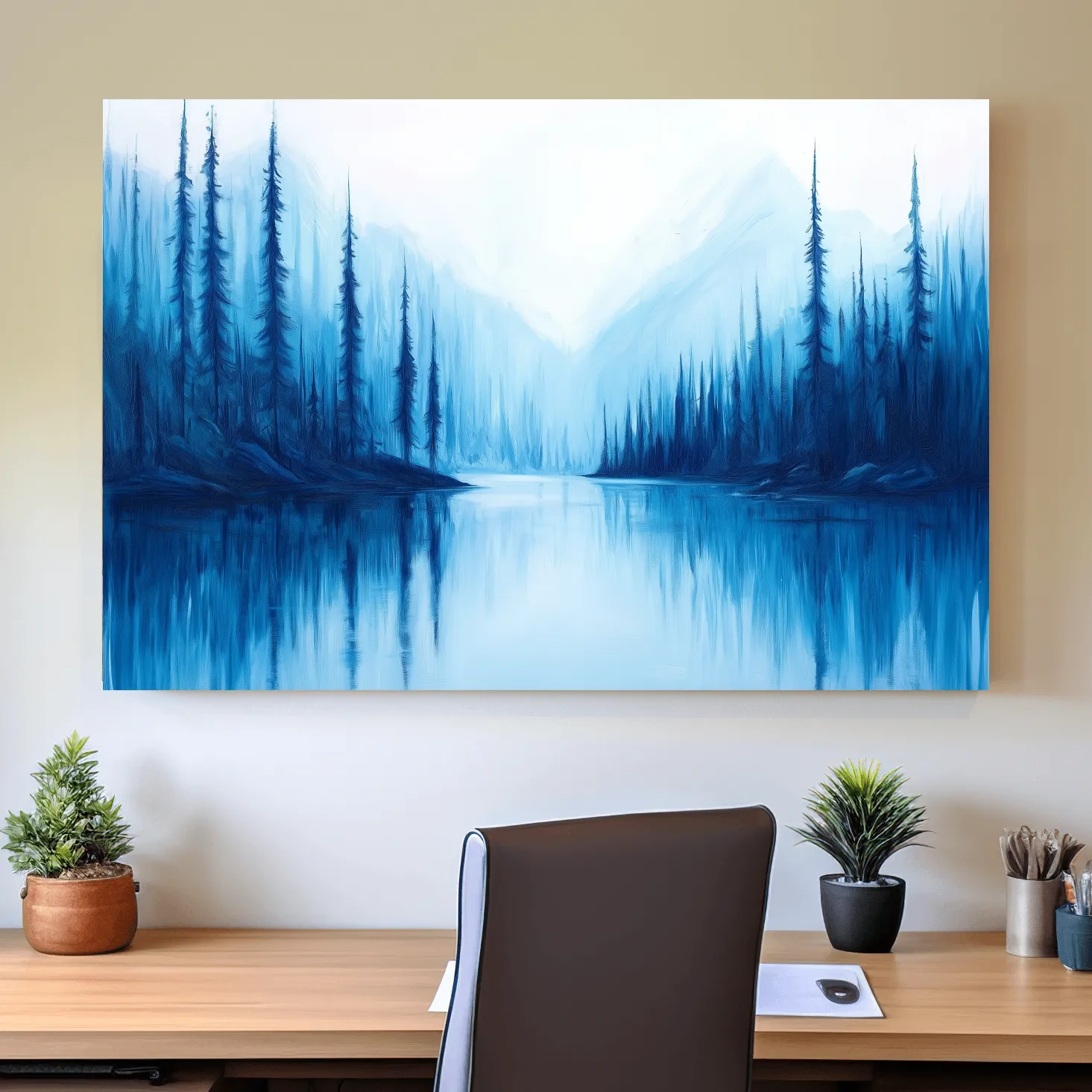 Impressionist style painting of a treelined alpine lake