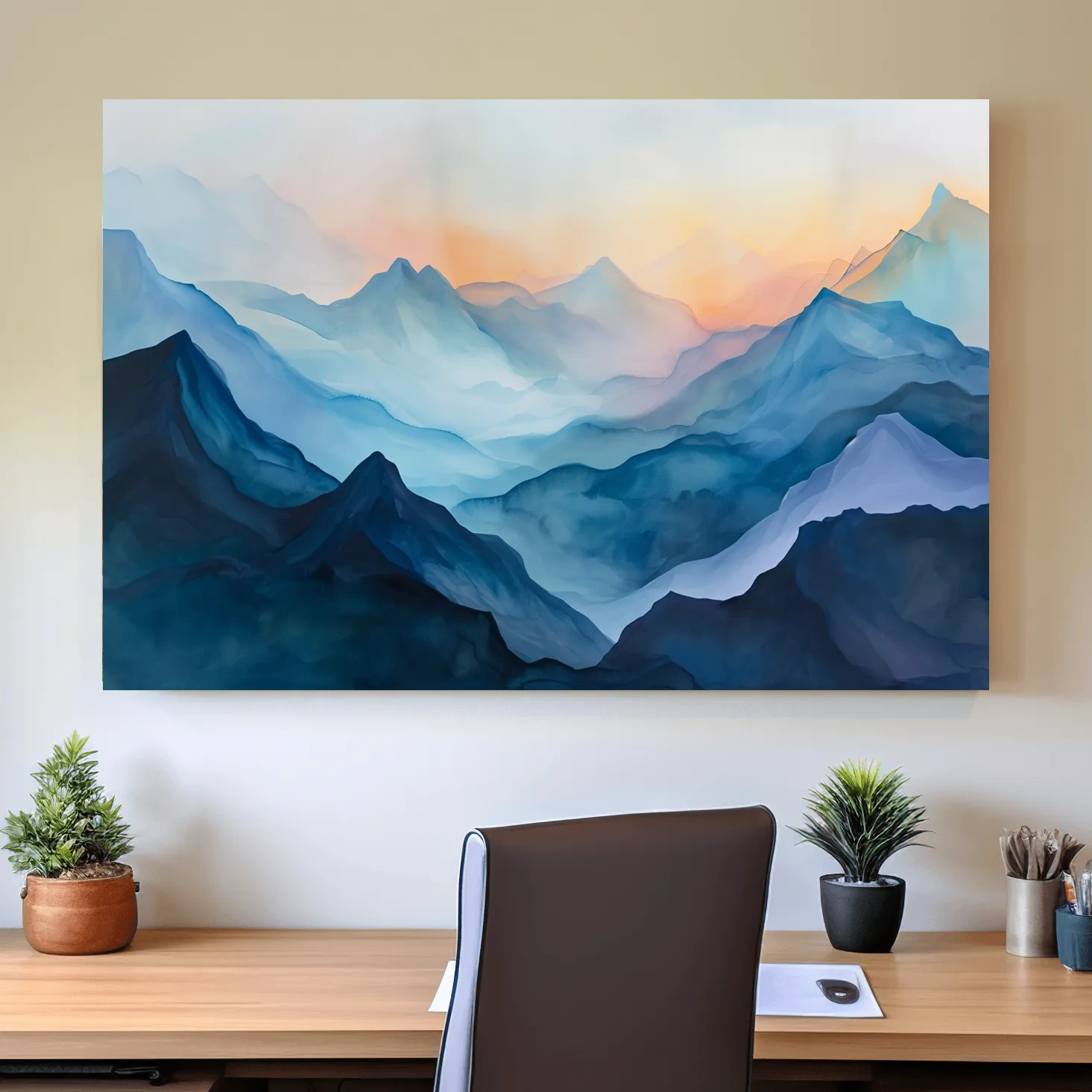Misty Sunrise Watercolor Mountain Range - Serene Abstract Landscape Wall Art