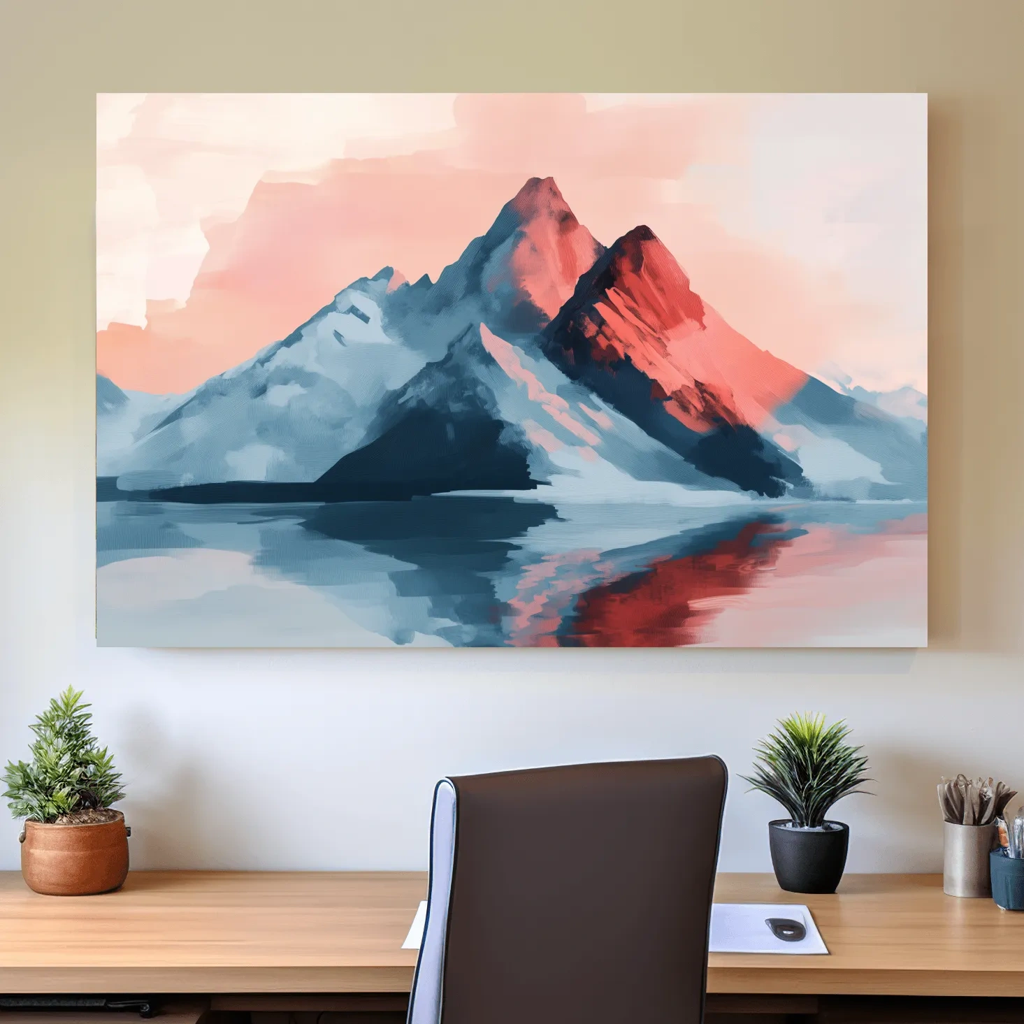 Pastel mountain painting at sunset, glacier reflecting on a lake