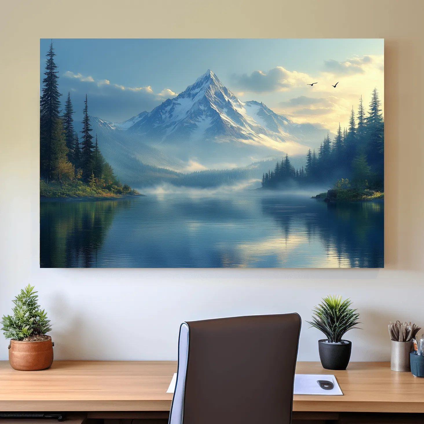 Beautiful misty alpine lake and forest beneath a glacier at sunset, photographic wall art