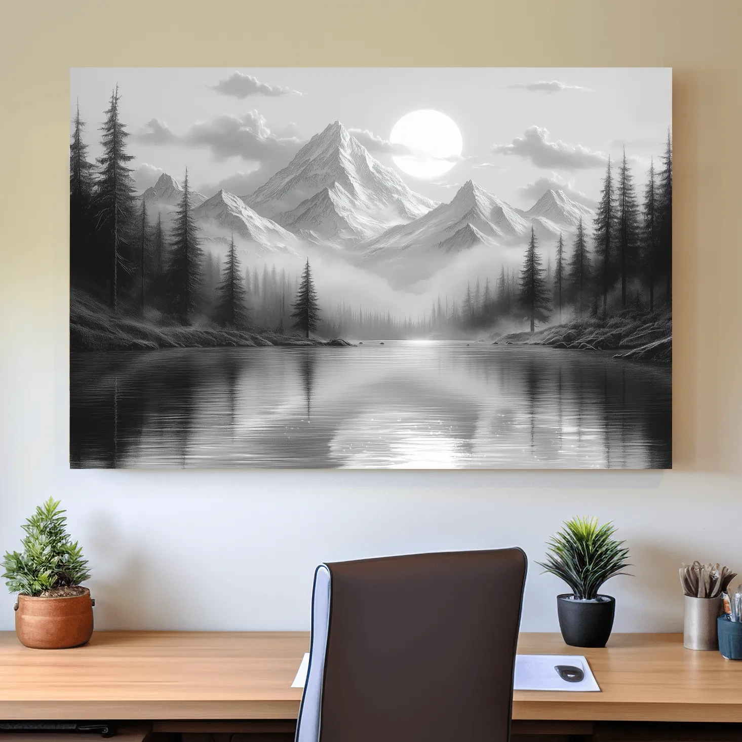 Misty forest and alpine lake beneath a glacier, black and white wall art