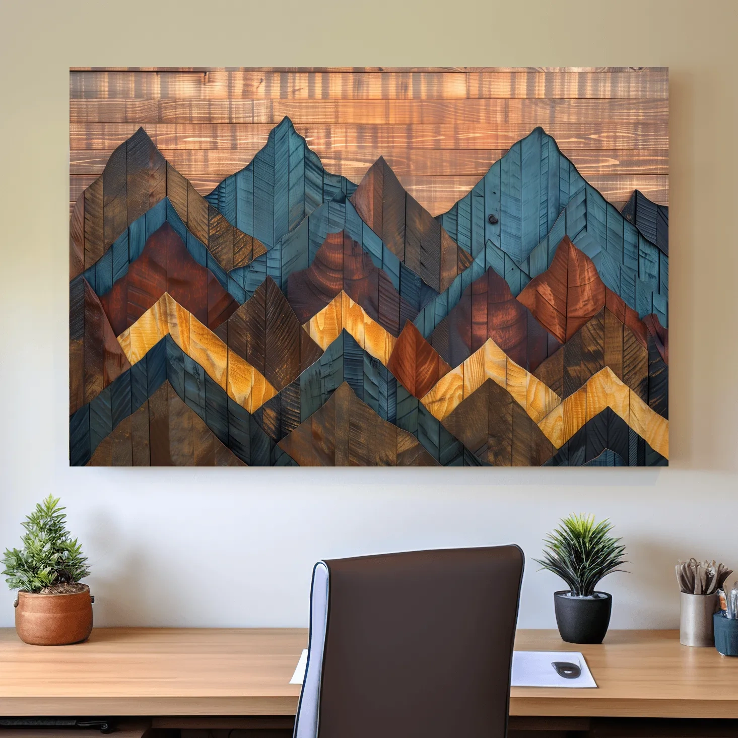 Rustic mountain wall art, 3D layered wood panel effect