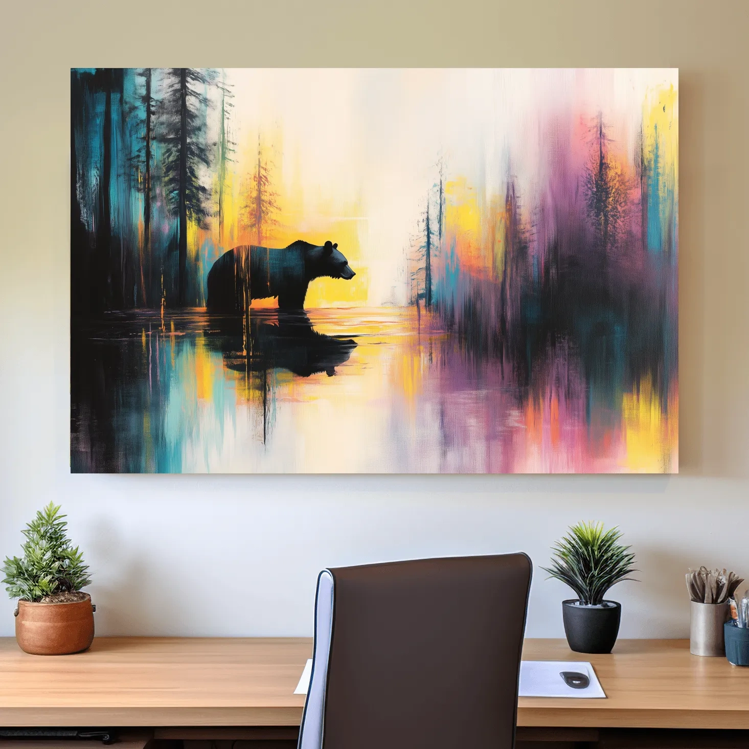 Grizzly bear in a river painting, colorful abstract wall art