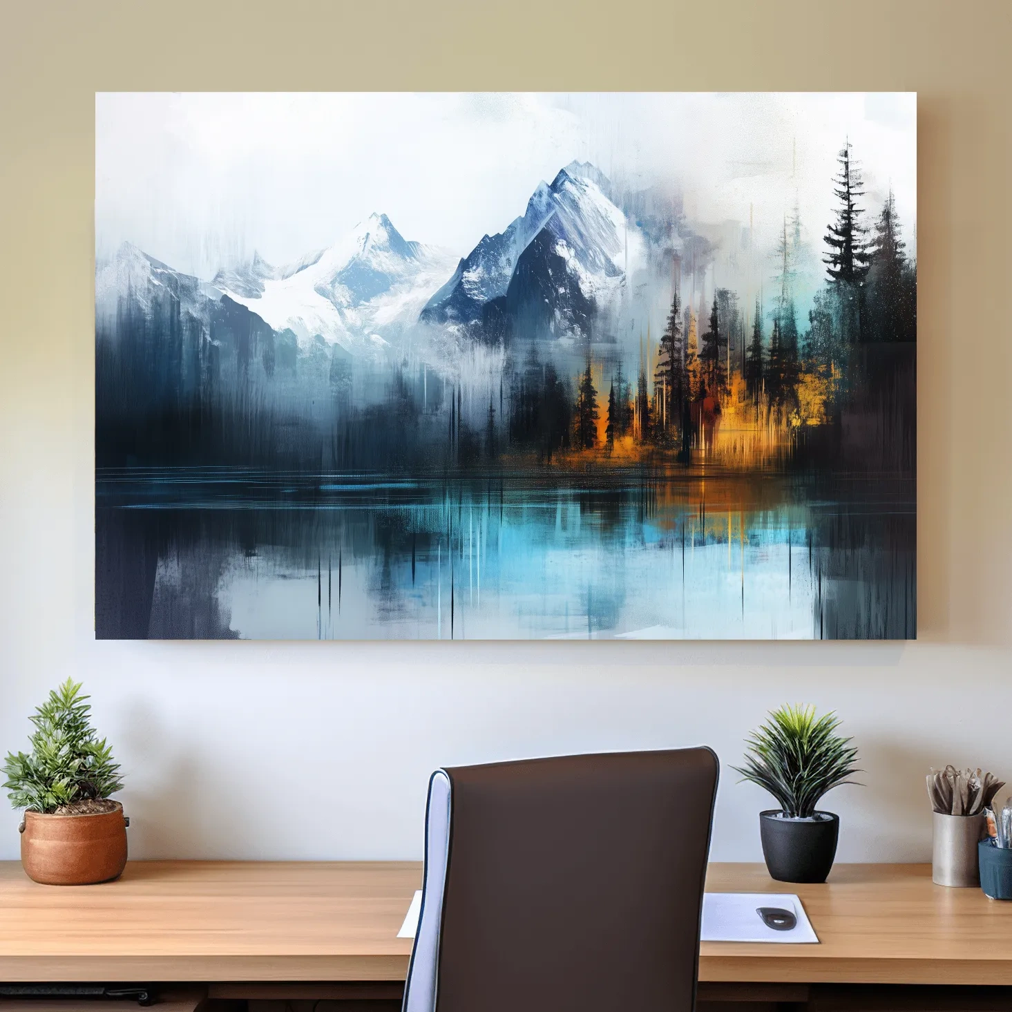 Misty Mountain & Lake Reflection - Abstract Painting Pine Forest Wall Art