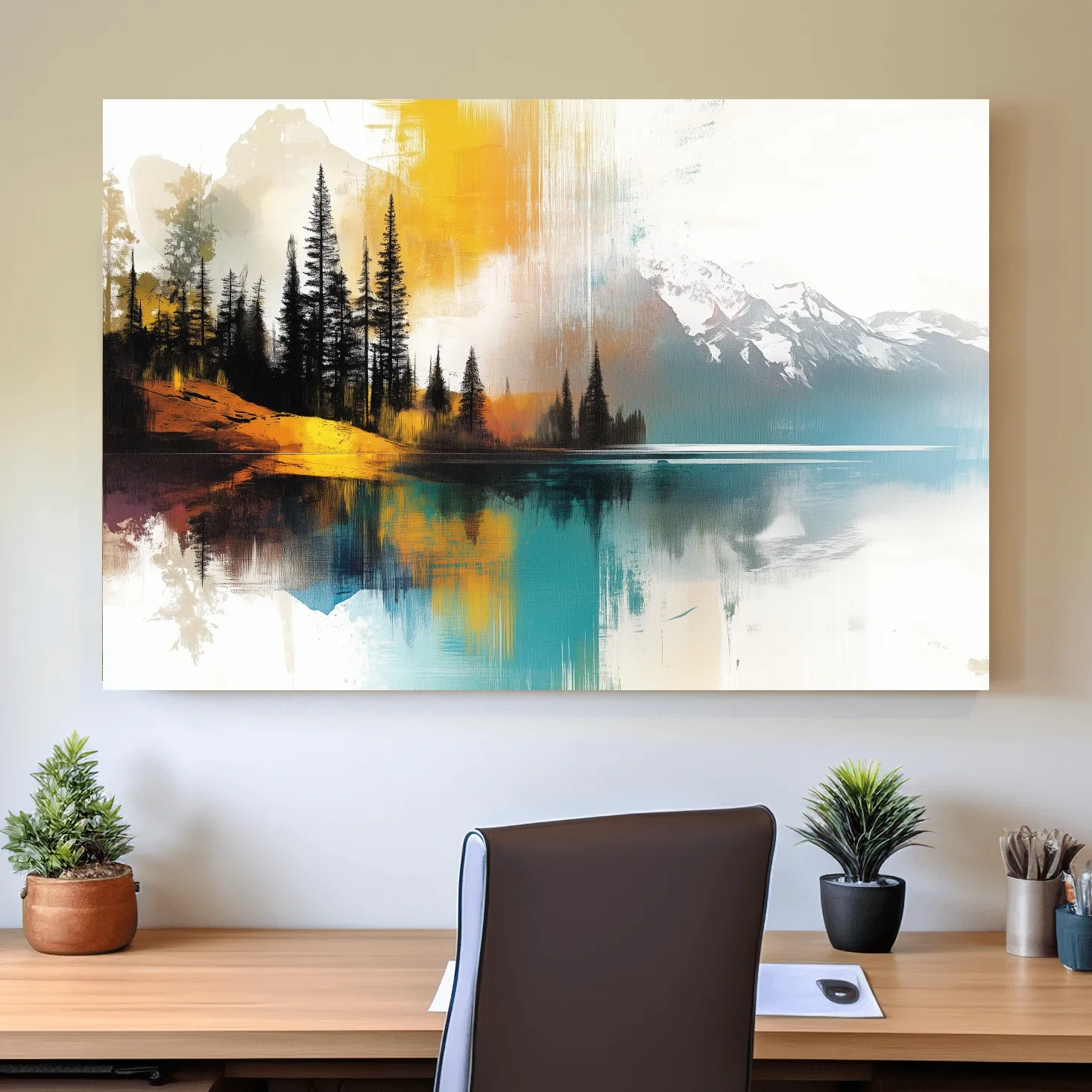 Colorful Abstract Mountain Lake Reflection Painting - Forest Landscape Wall Art