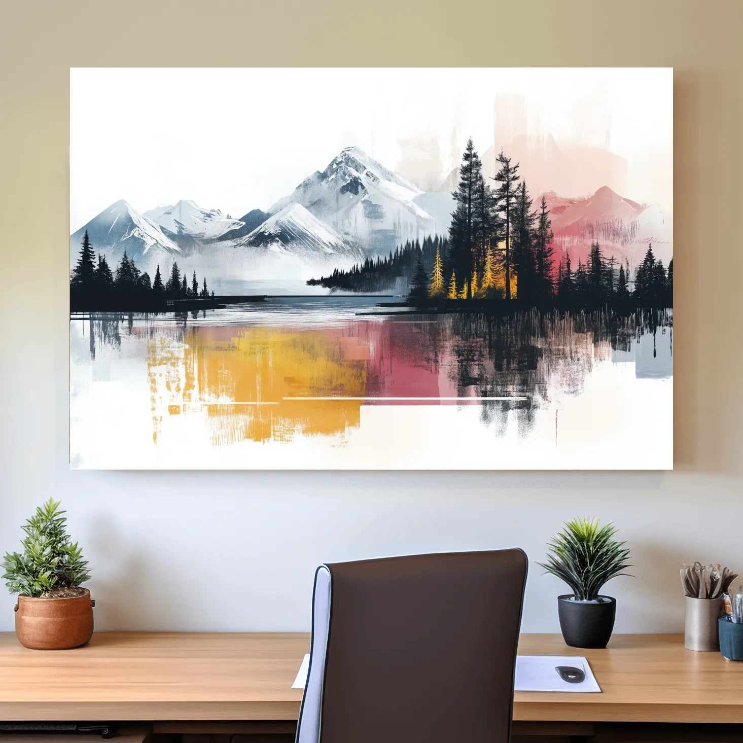 Abstract Misty Mountain Lake Painting - Modern Watercolor Pine Forest Art