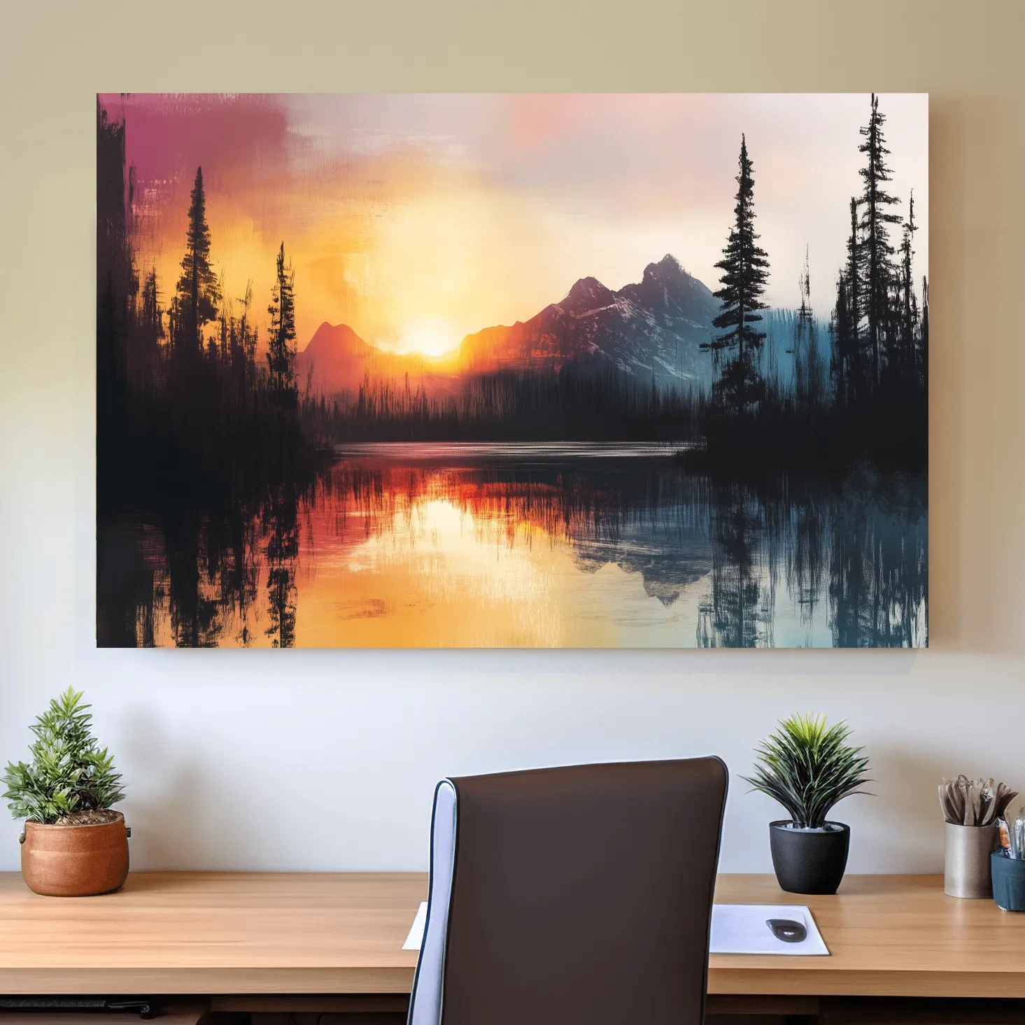 Abstract mountain art painting, sunset over a lake and forest
