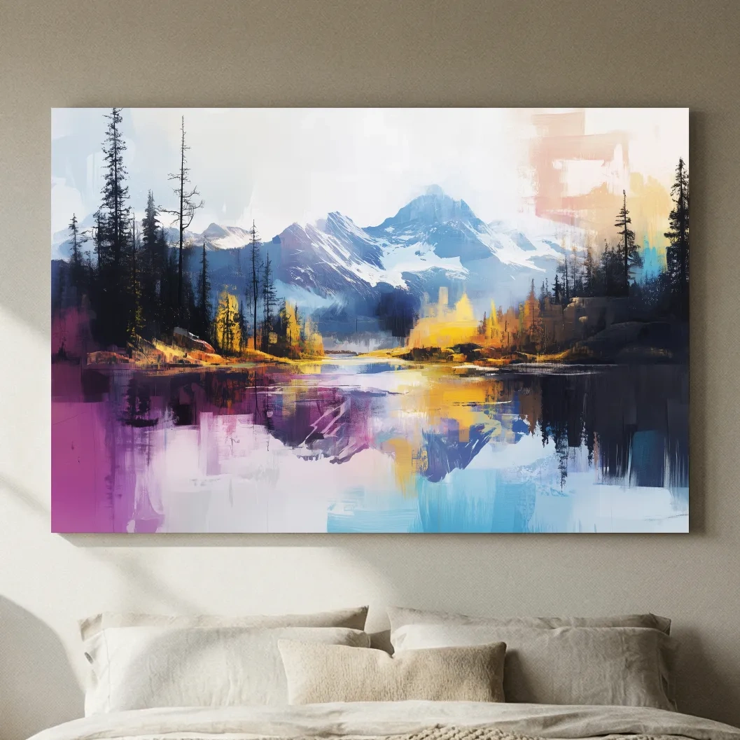 Vibrant Abstract Mountain Lake Reflection Painting - Colorful Modern Landscape Wall Art