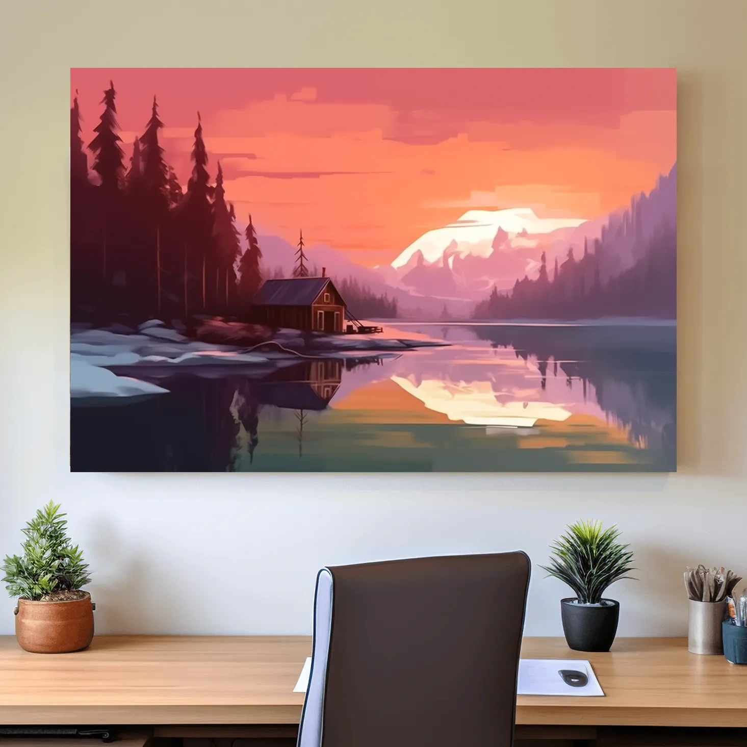 Mountain art painting, cabin by a lake at sunset