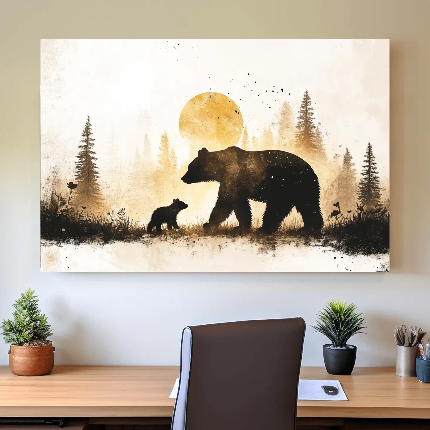Momma bear and her cub in the forest, textured illustration wall artwork