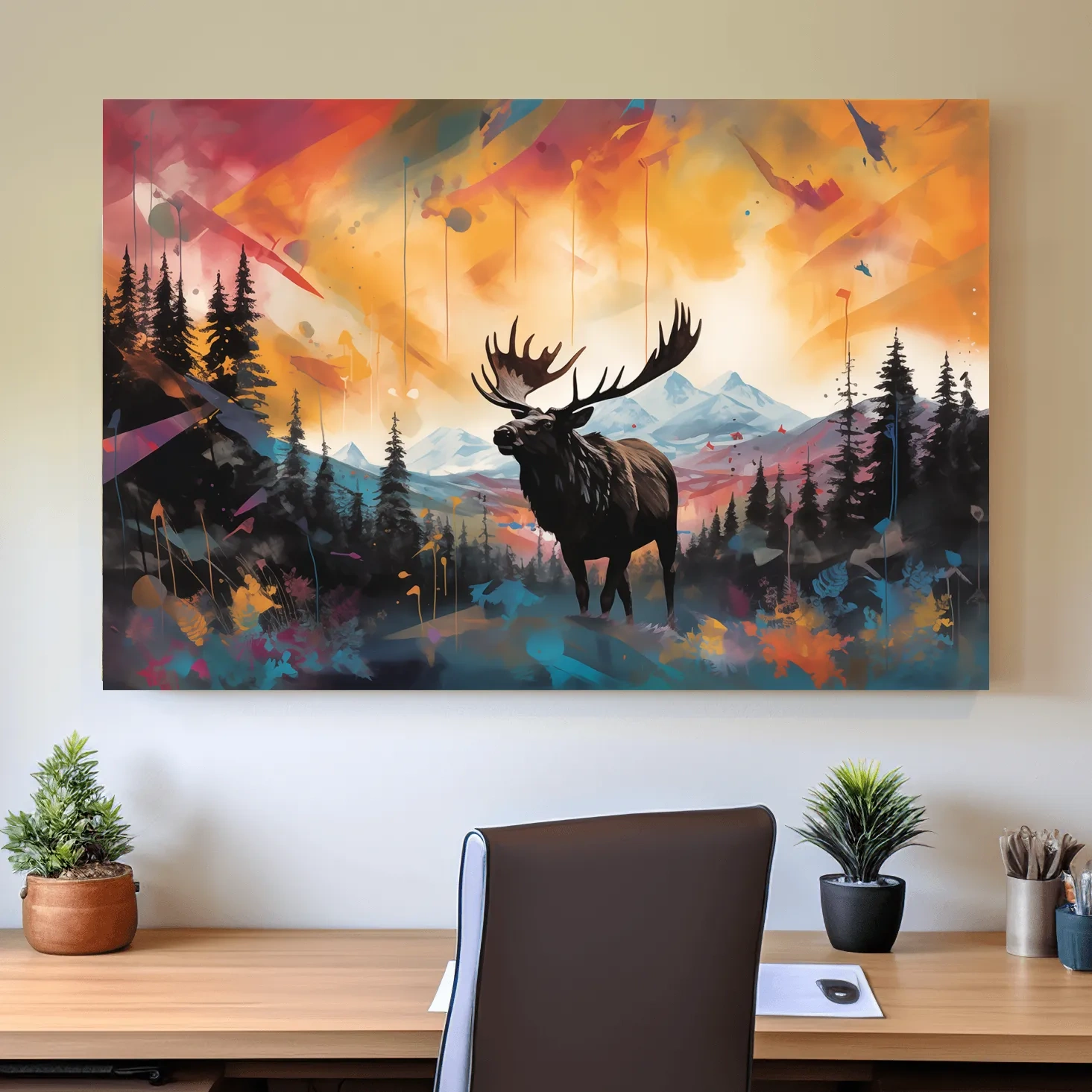 Vibrant Abstract Moose Mountain Painting - Colorful Wildlife Wall Art