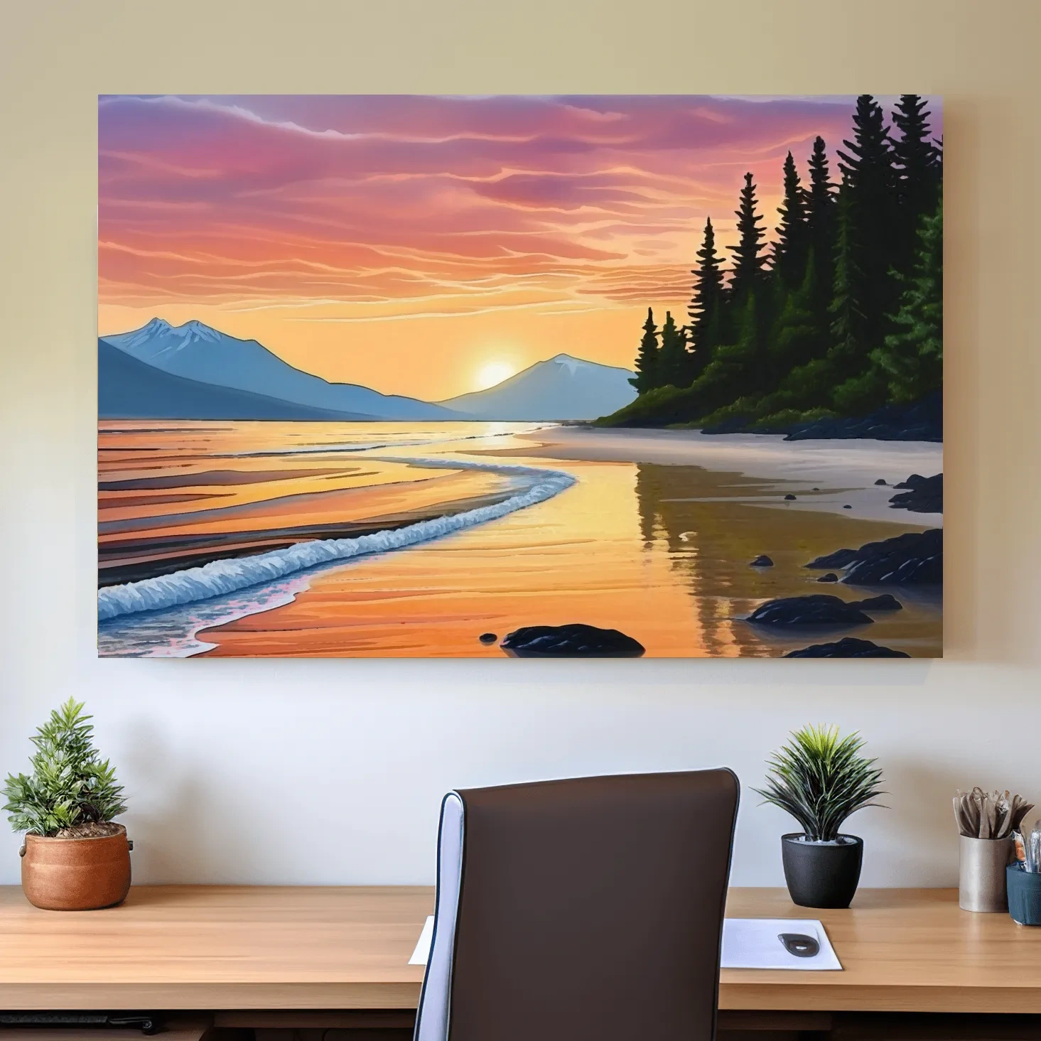 Pacific Northwest artwork, sunset over the beach painting