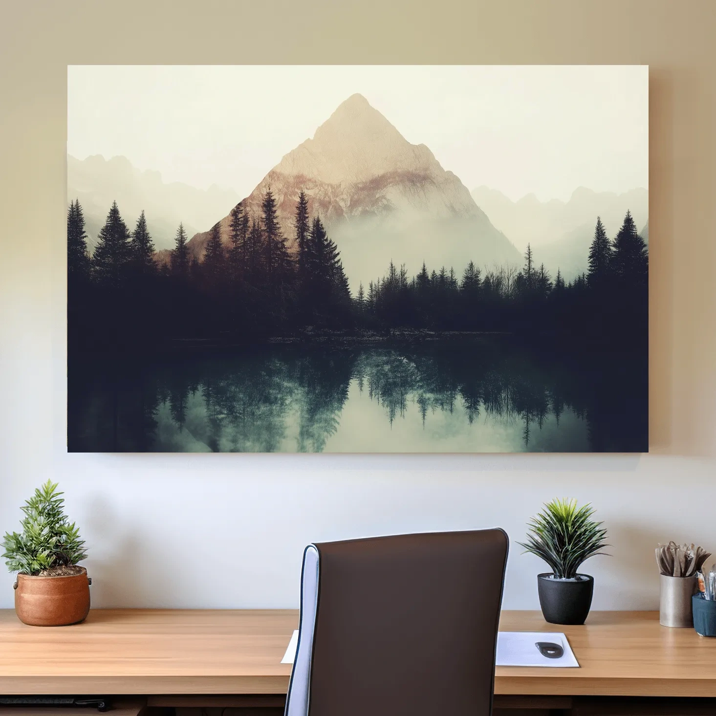 Mountain wall art, silhouetted forest on the lake