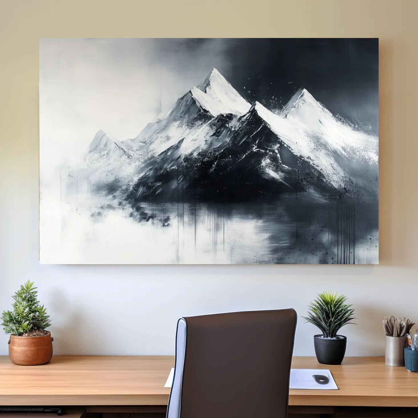 Modern wall art mountain painting, black and white glacier