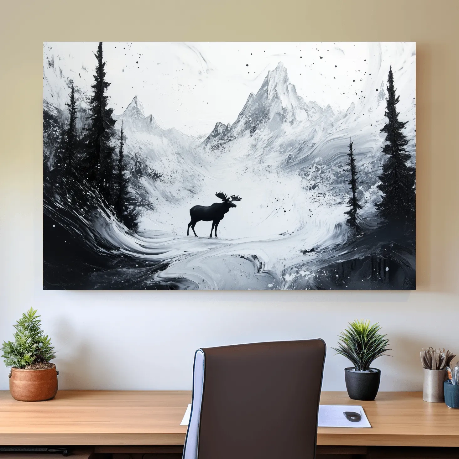 Moody Monochrome Moose Alpine Meadows - Abstract Ink Wash Wildlife Wall Art