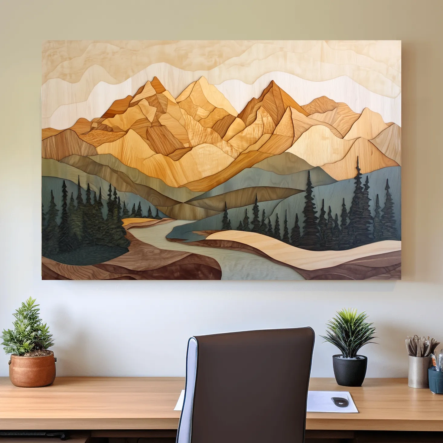 Wood Intarsia Mountain Landscape - Warm Earth Tone Alpine Forest Wall Art