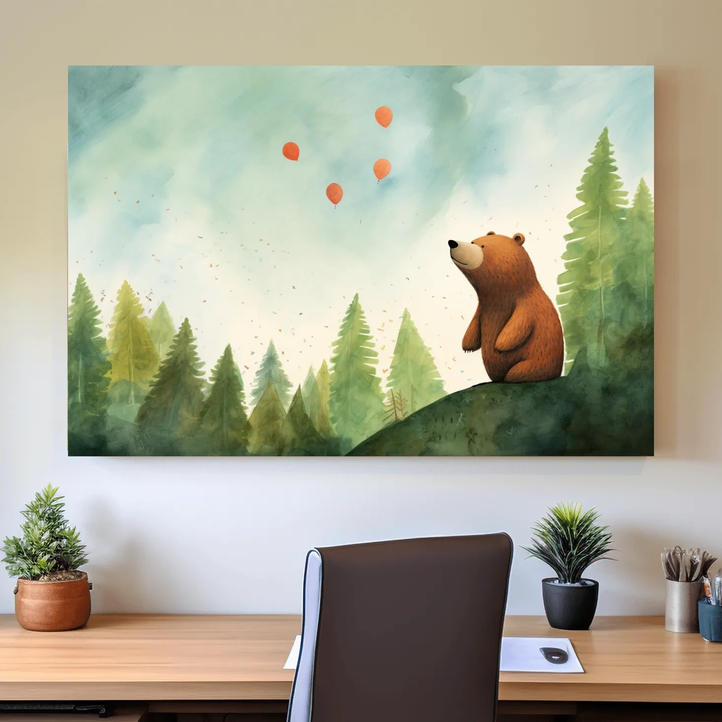 Illustration of a cute happy bear gazing into the sky, nursery wall art