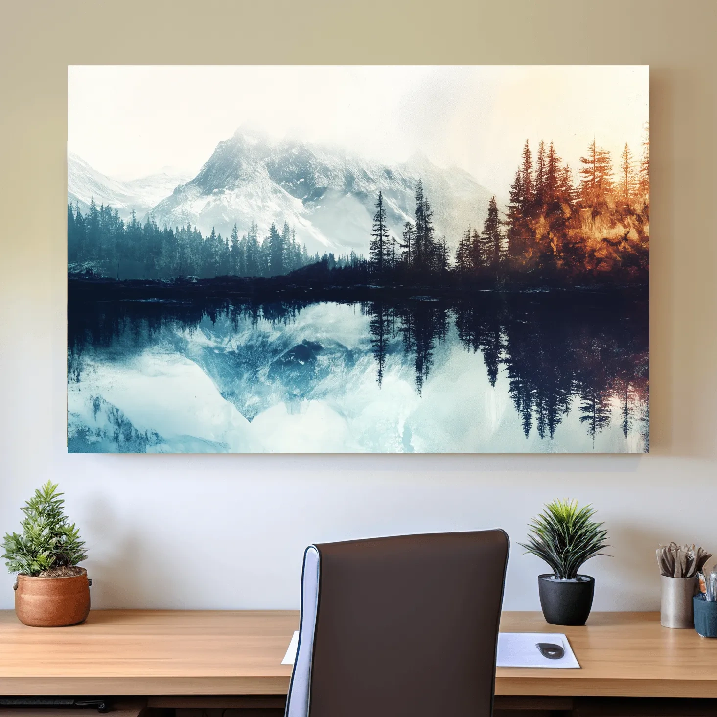 Mountain wall art, foggy glacial lake and forest in fall, textured painting effect