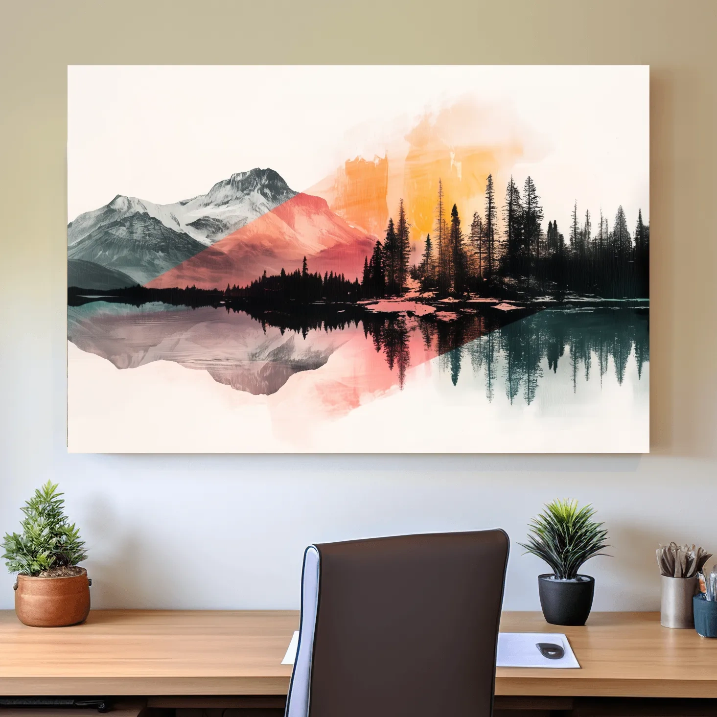 Abstract Alpine Lake Reflection Painting - Modern Watercolor Forest Landscape Wall Art