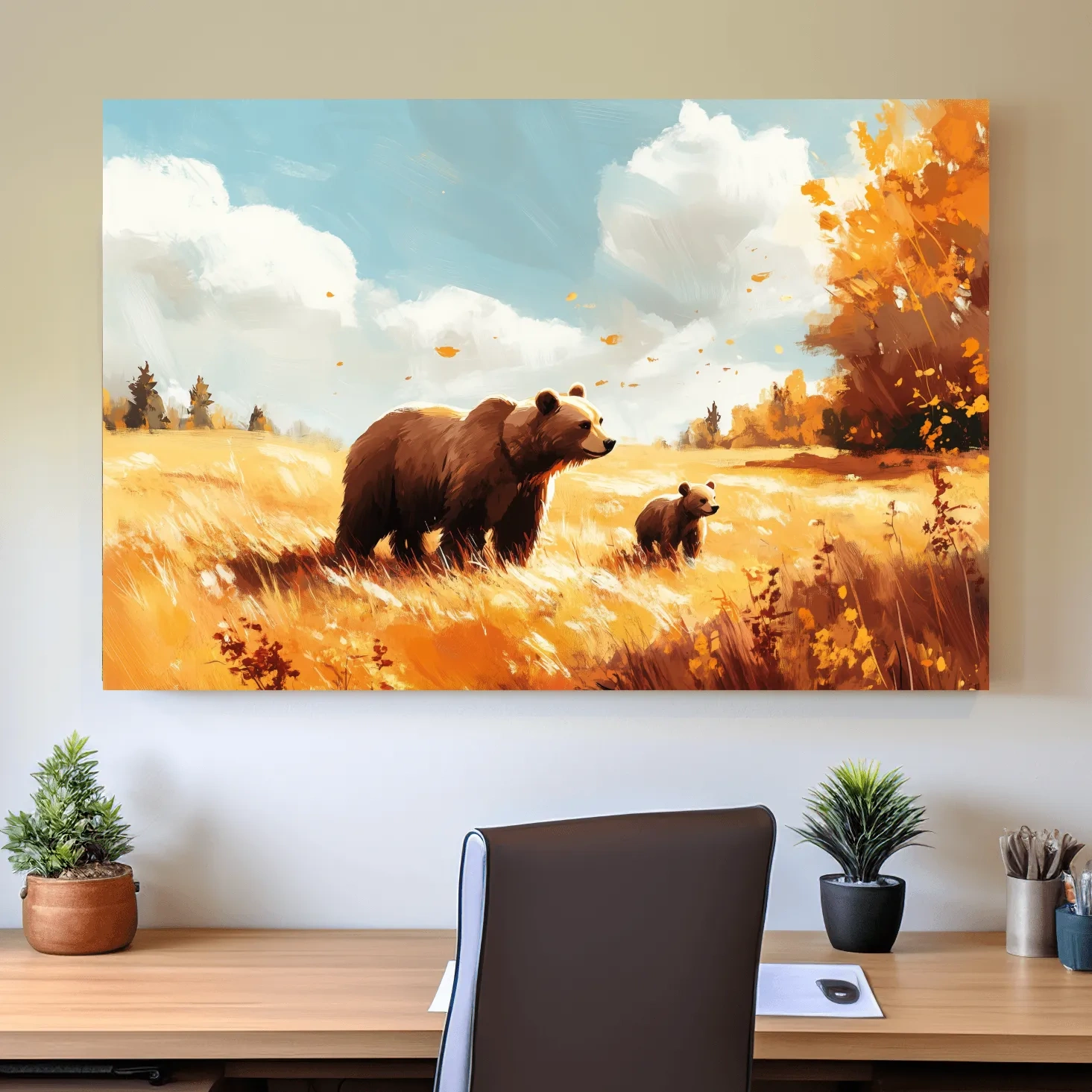 Autumn wildlife wall art, mother bear and cub in a golden meadow, painterly and impressionism style