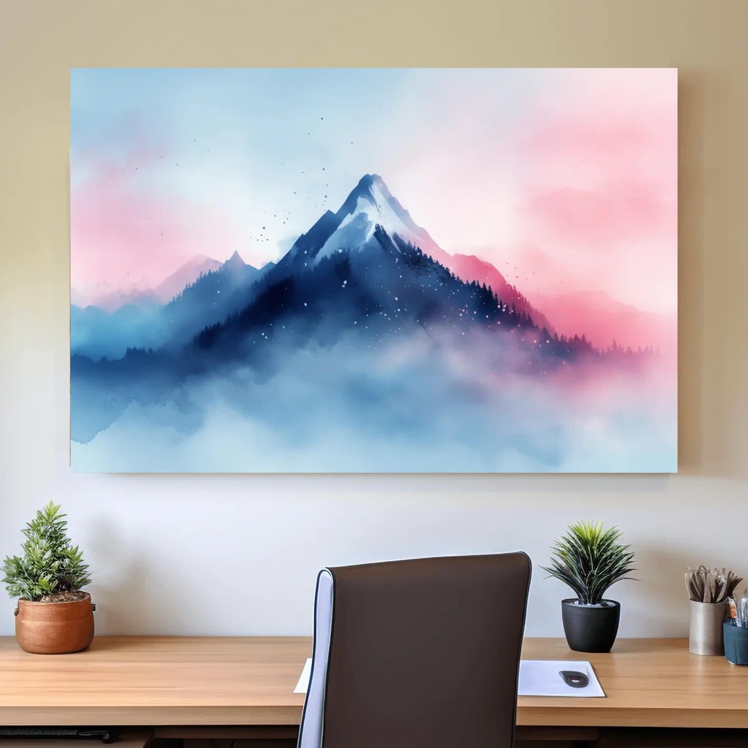 Dreamy mountain painting artwork, glacial peaks above the clouds in pastel hues