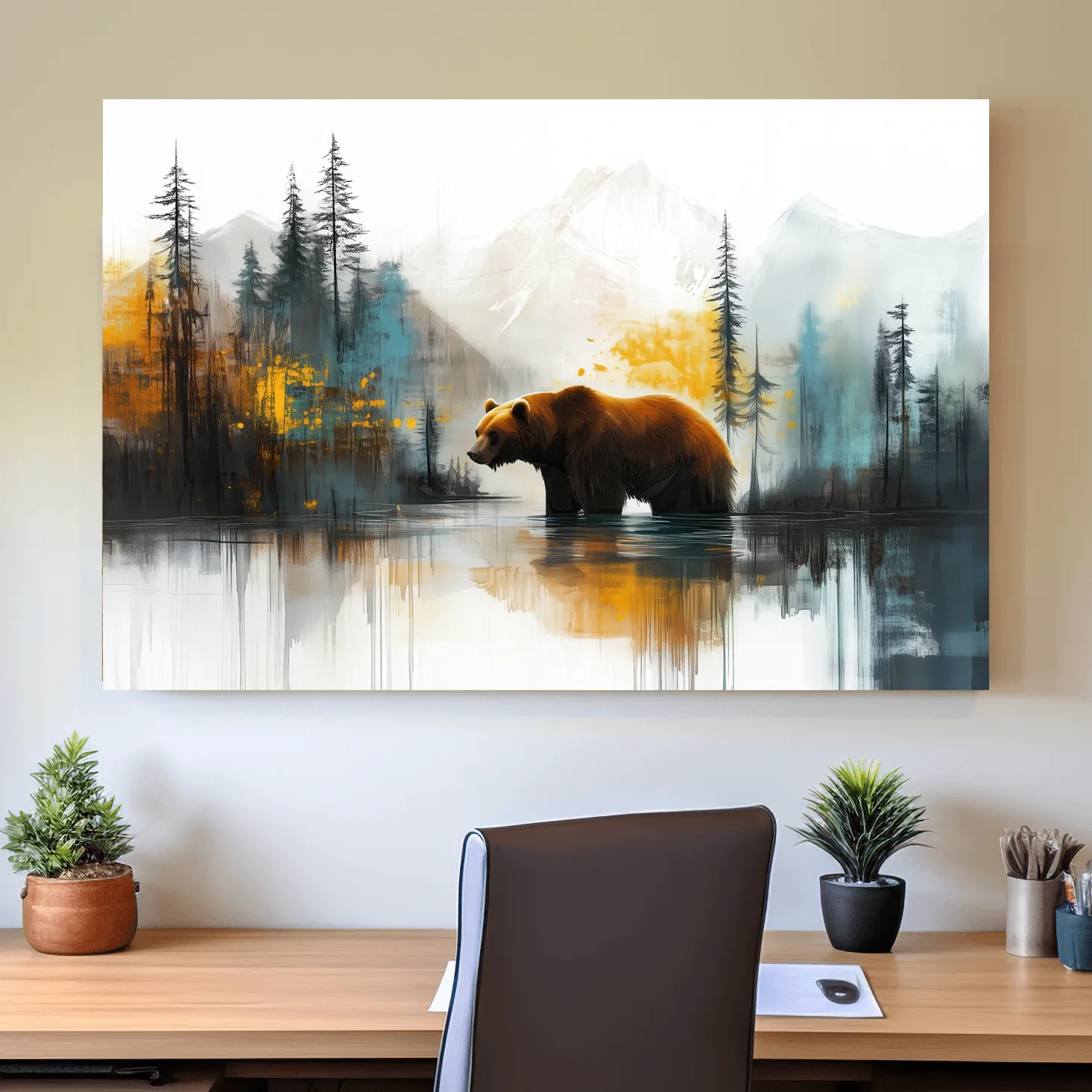 Grizzly bear textured wall art, colorful abstract painting artwork
