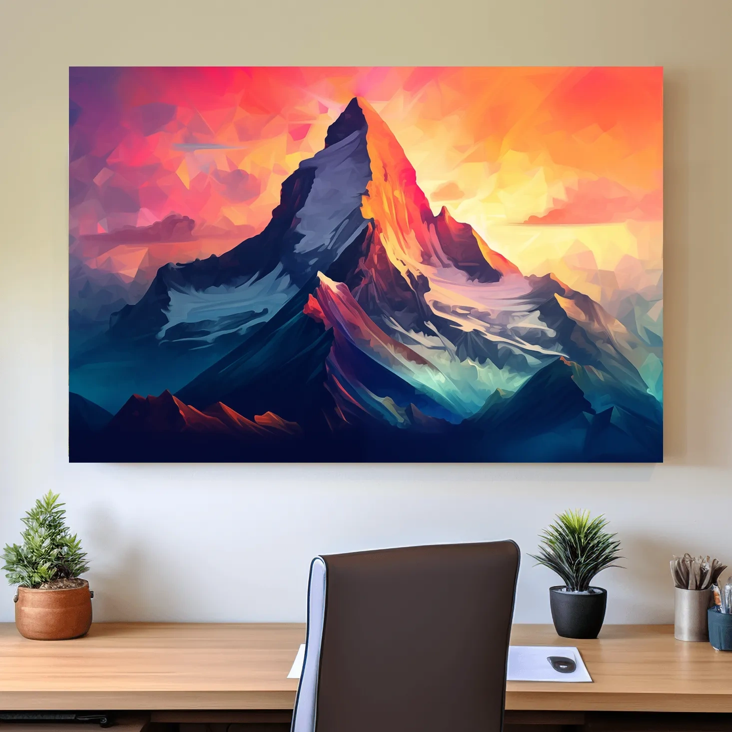 Vibrant Geometric Alpine Peak Sunrise - Modern Abstract Mountain Wall Art