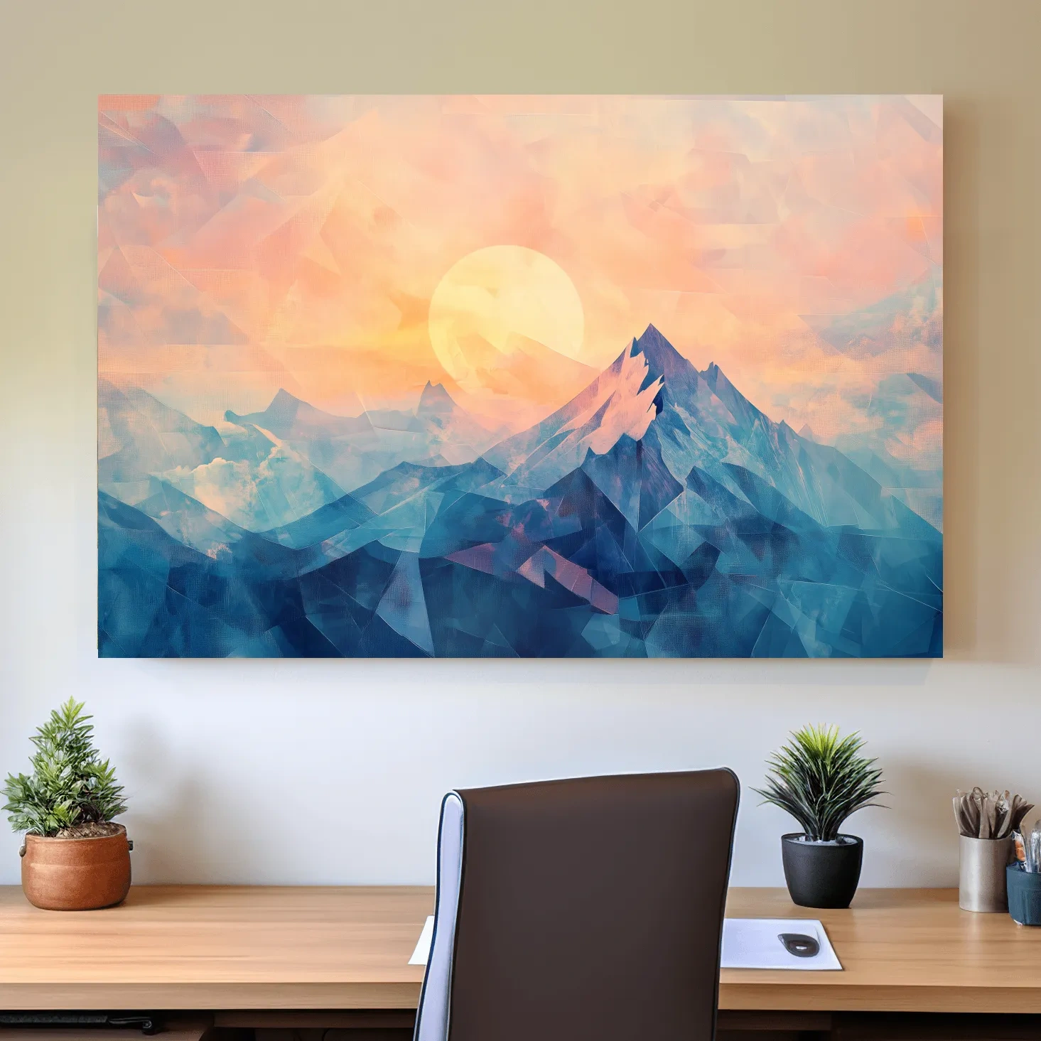 Sunset mountain wall art, geometric fragmented mosaic effect, textured art finish