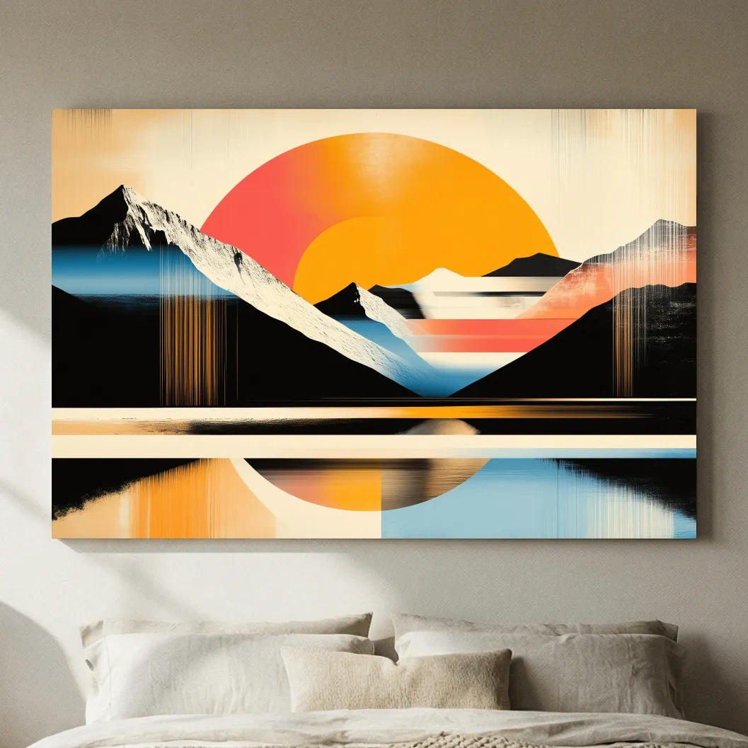 Retro Abstract Alpine Lake Sunset Artwork - Geometric Landscape Wall Art