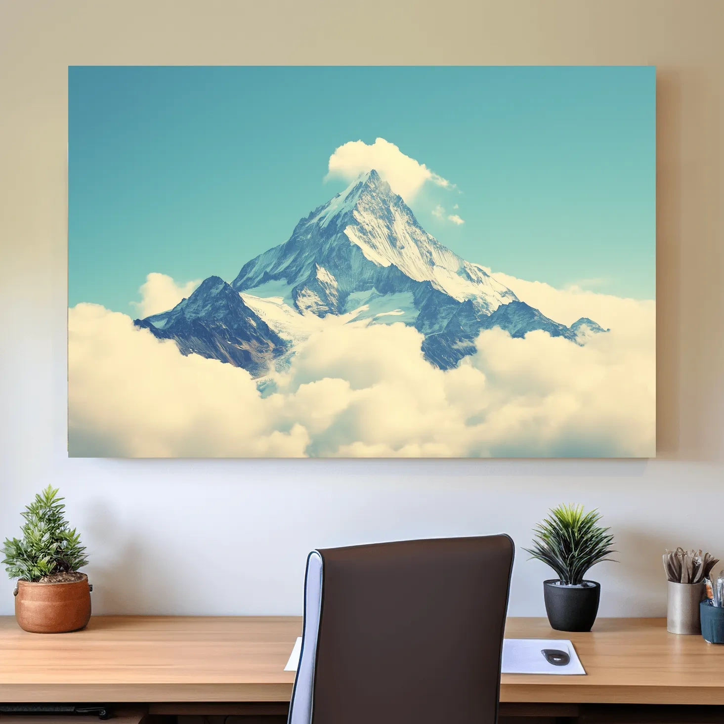 Minimal painting of a mountain peak emerging through clouds, serene artwork with soft blue sky