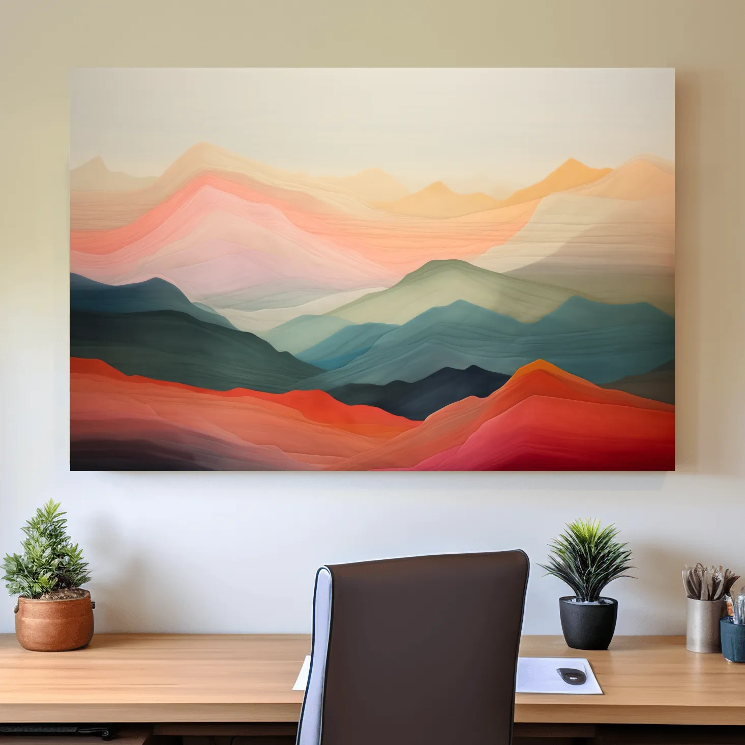 Dreamy pastel mountain landscape artwork, layered gradient painting effect