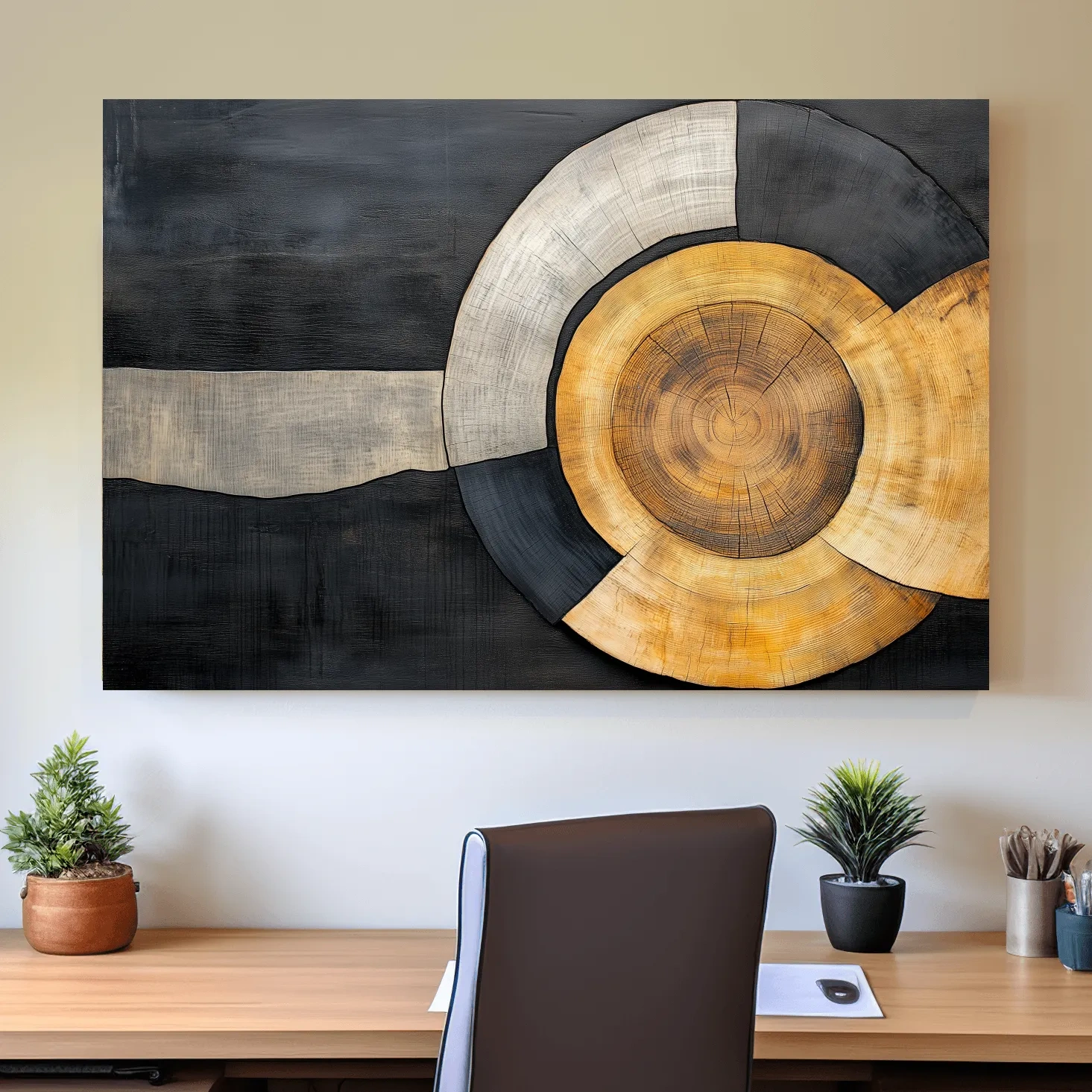Wood grain cut log modern wall art, circular concentric design with earthy tones