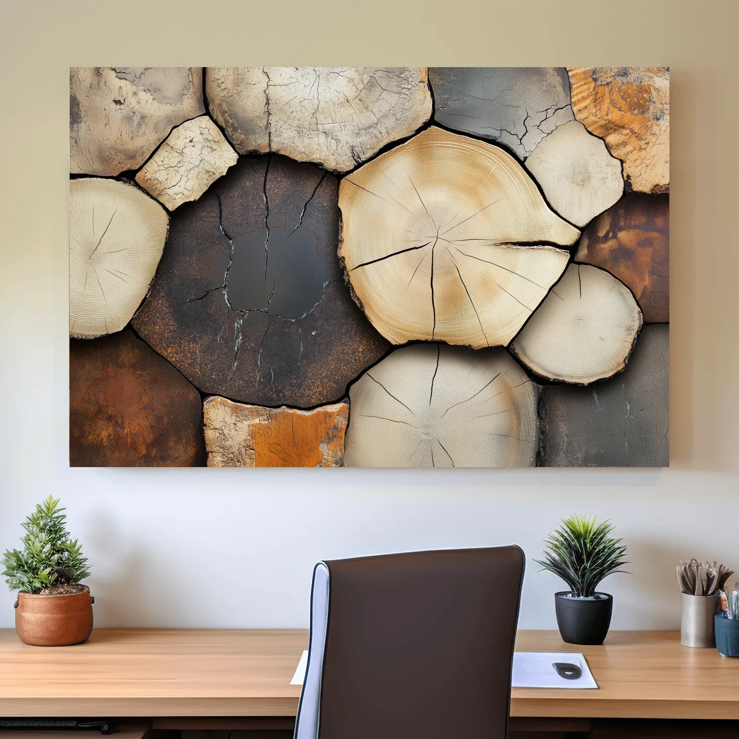 Rustic cut wooden log wall artwork, cracked texture effect canvas art