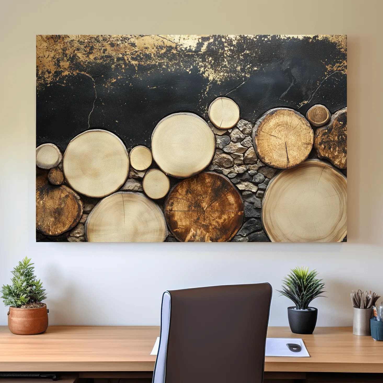 Rustic wood and stone wall art, textured effect natural elements artwork