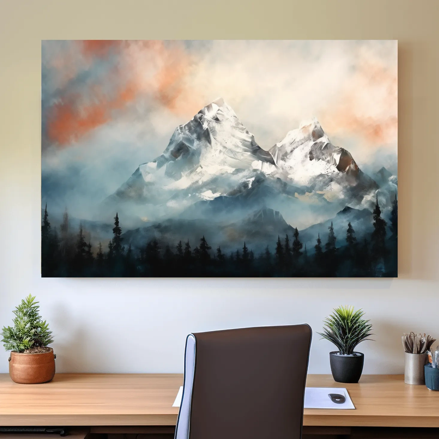Misty Snowcapped Mountain Peaks Painting - Alpine Sunset Wall Art