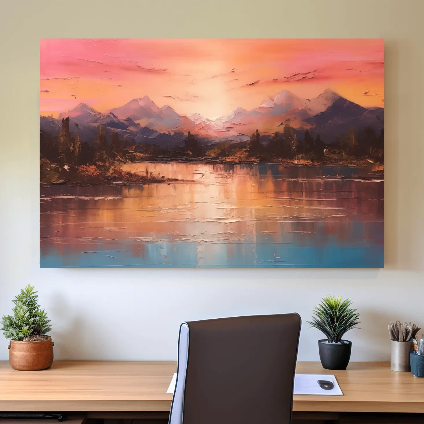 Sunset mountain lakeside painting, textured effect oil painting wall art print