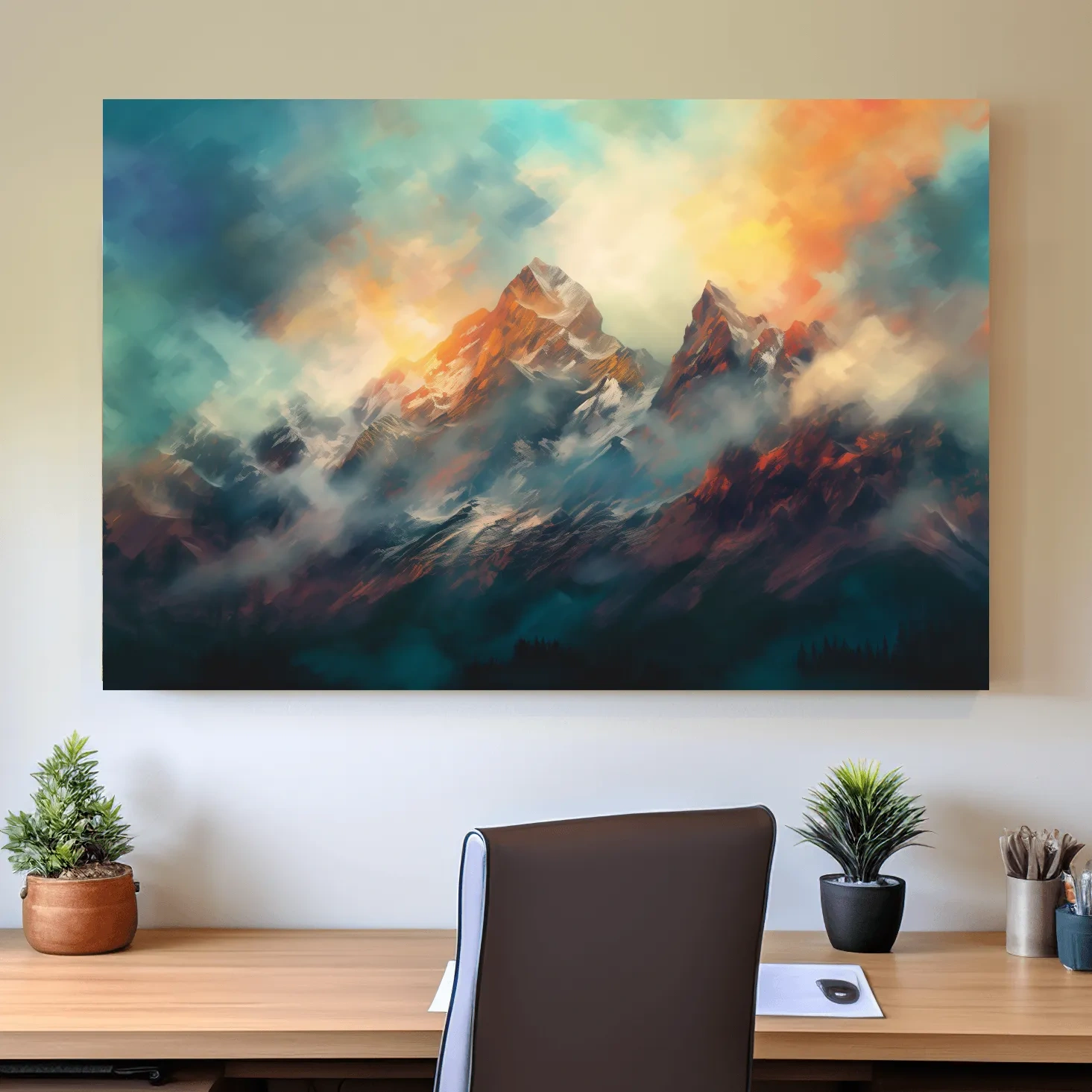 Abstract Sunrise Mountain Peaks Painting - Colorful Alpine Landscape Wall Art
