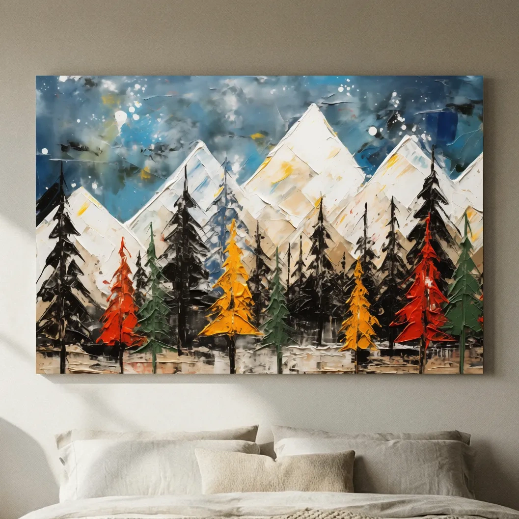 Textured Abstract Oil Painting Style Mountain Forest - Colorful Autumn Pines Landscape Wall Art