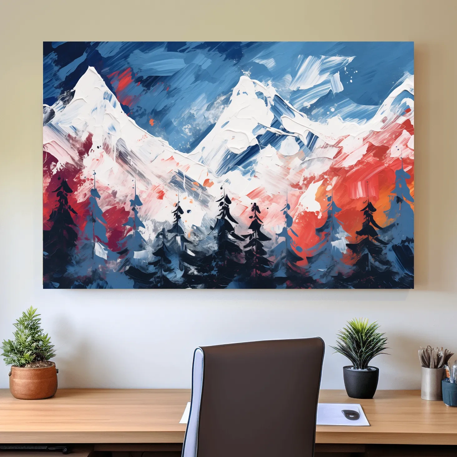 Bold rustic abstract mountain artwork, vibrant brushstroke painting of snowy peaks and forest